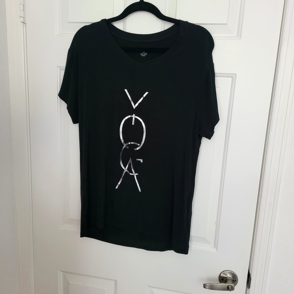 GAIAM Black Short Sleeve Tee with Metallic Silver YOGA Logo